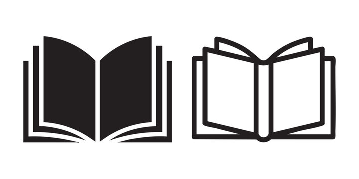 Simple open book line icons set with thick stroke and thin outline versions for educational design.