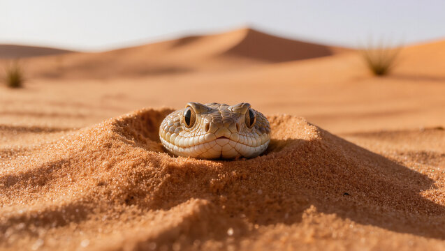 Peringuey's adder snake buried and camouflaged in the sand dunes of the Namib Desert