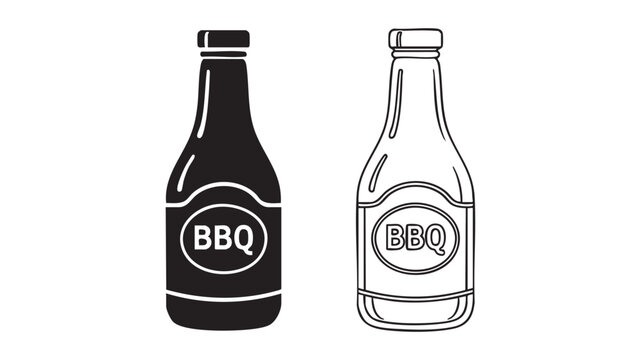 bbq sauce bottle icon set with label and outline style