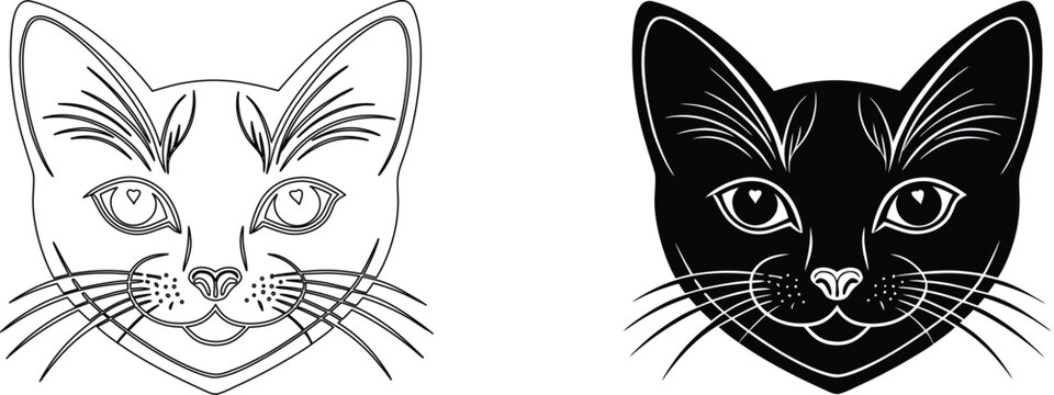 Cat face vector illustration, isolated on white background, black and white outline.