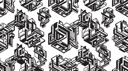 Obraz premium Seamless Black and White Isometric Tech Pattern with Geometric Cyber Structure Shapes