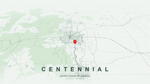 Modern minimalist vector map of Centennial, Colorado, USA. High-quality scalable illustration of Centennial city grid, Interstate 25, E-470 tollway, C-470 axis for posters design.
