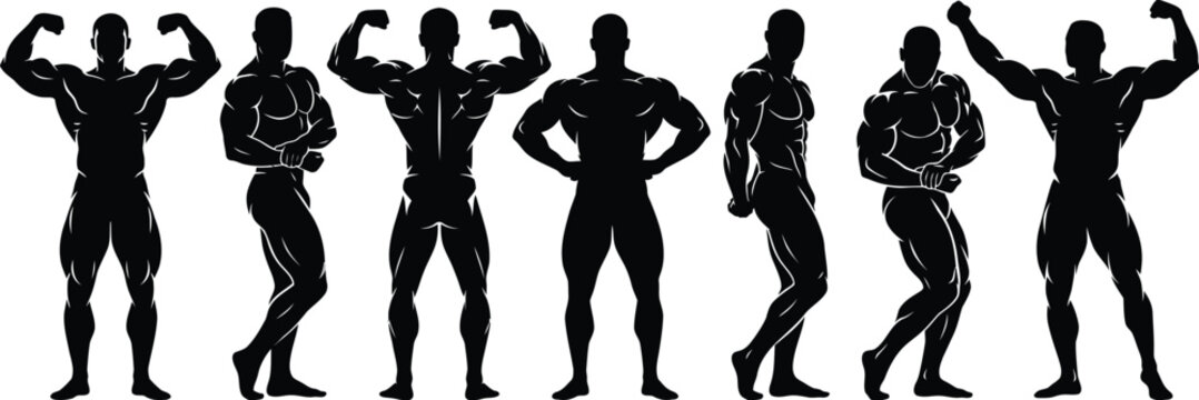 Set of bodybuilder silhouettes in various poses