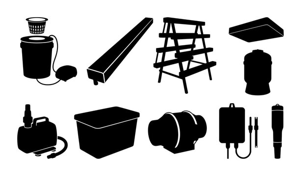 Silhouette collection of paint can, beam, ladder frame, flat panel, pipe cylinder, cable reel, open box, motor housing, and electrical plugs