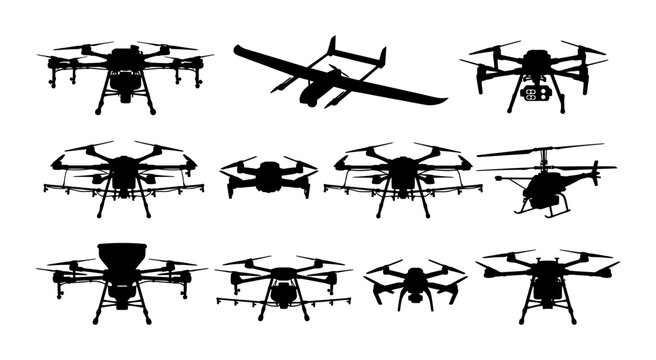 Silhouette collection of camera quadcopters, fixed wing drone, multi rotor UAVs, and aerial photography aircraft silhouettes