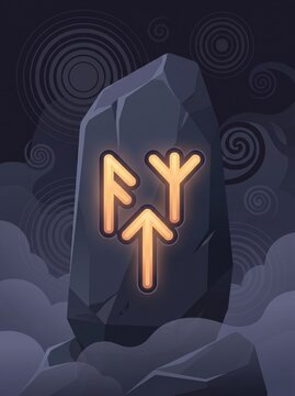 glowing norse runes carved on ancient standing stone against dark night sky with swirling clouds. pagan ritual magic and esoteric divination concept. book cover, poster, mystical game design.