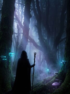 hooded silhouette holding glowing staff in dark misty forest. giant trees and luminous mushrooms. pagan ritual in enchanted woods. fantasy magic concept. book cover, background.