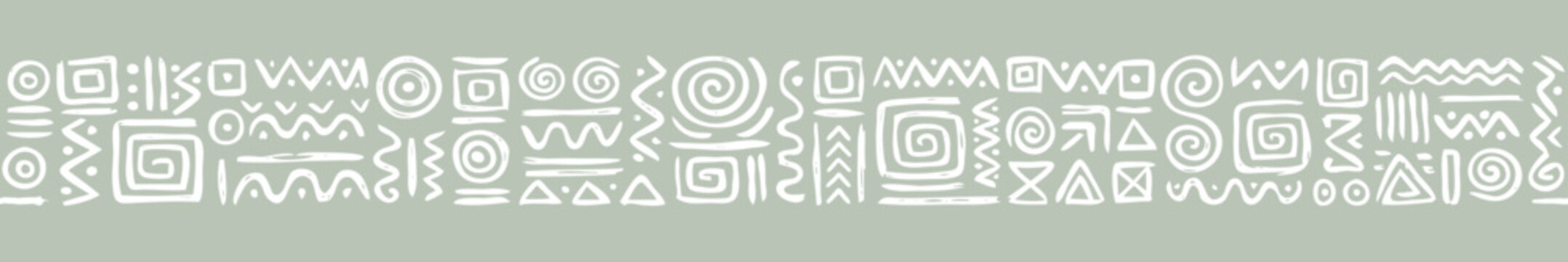 White geometric tribal symbols seamless border ribbon on pale sage green. Mudcloth folk ink stroke horizontal trim divider for wellness spa cosmetic packaging design.
