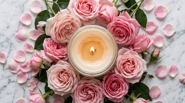Aromatherapy candle surrounded by delicate pink roses and scattered petals on a marble surface
