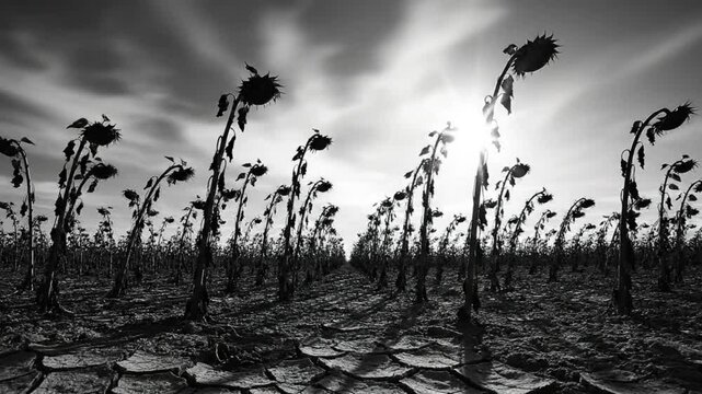 Black and white time lapse of a withered sunflower field with cracked earth under a bright sky