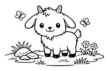 Obraz premium Adorable cartoon baby goat standing in a natural landscape with grass, rocks, flowers, and flying butterflies, outline for coloring book