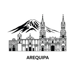 Obraz premium Arequipa Cityscape Silhouette On White Background Linear Illustration