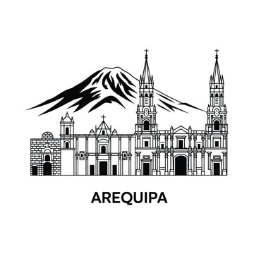 Arequipa Cityscape Silhouette On White Background Linear Illustration