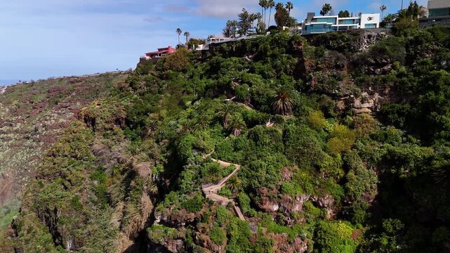 Drone view of Mirador de 500 Escalones winding down cliffs, El Sauzal, Tenerife