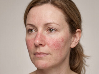 Naklejka premium A woman shows her face with visible redness and irritation. She is facing forward and looks calm. The background is simple and the light is even, highlighting her features