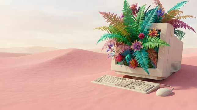 Giant ferns growing from retro computer monitor in pink desert