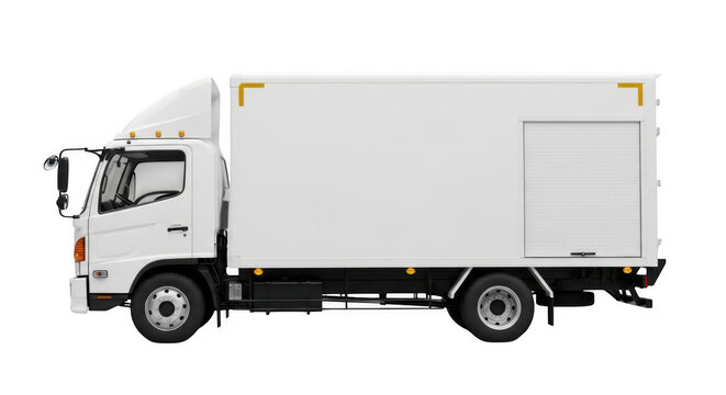 Side view of a white box truck with a clean cargo container, isolated on a black background, for transport and, logistics use