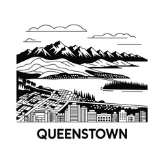 Queenstown Skyline Illustration Black And White Linear Design © Pixel Loft
