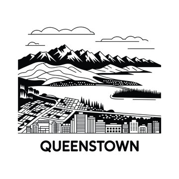 Queenstown Skyline Illustration Black And White Linear Design