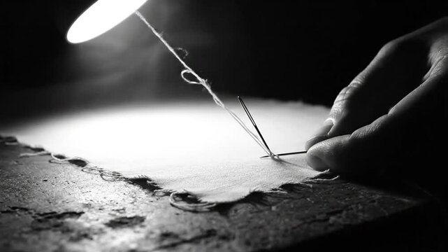 Black and white close up of a person hand-sewing with a needle and thread under a bright light source on a rustic surface