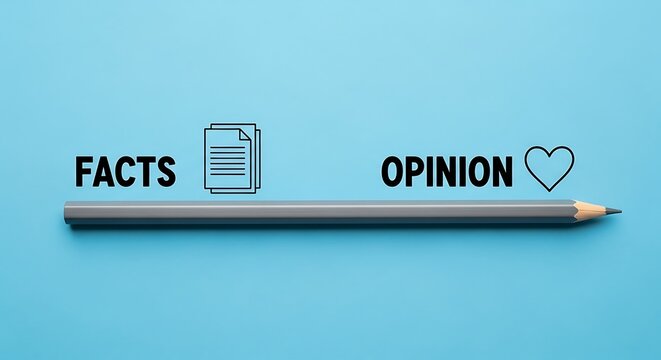 Facts versus opinion concept on blue background, gray pencil separating objective truth and subjective feelings, journalism and media literacy