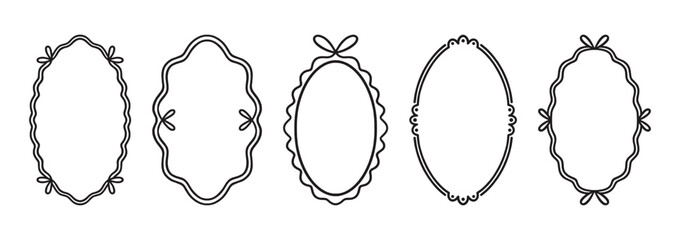 Obraz premium Frames set with hand drawn ribbons and bows. Crayon oval borders in vintage whimsical style, scalloped edge. Decorative outline graphic elements, perfect for wedding cards and romantic designs.
