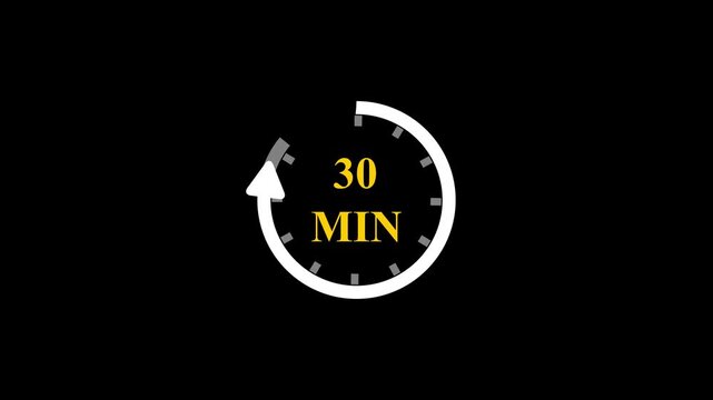 30 Minutes Timer Vector Icon Animation with Golden Text Circular Countdown Clock and Rotating Arrow Progress Bar on Minimalist Black Background for Time Management Tracking Projects.