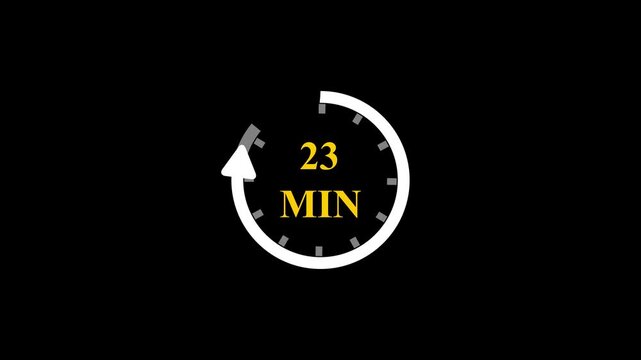 23 Minutes Timer Vector Icon Animation with Golden Text Circular Countdown Clock and Rotating Arrow Progress Bar on Minimalist Black Background for Time Management Tracking Projects.