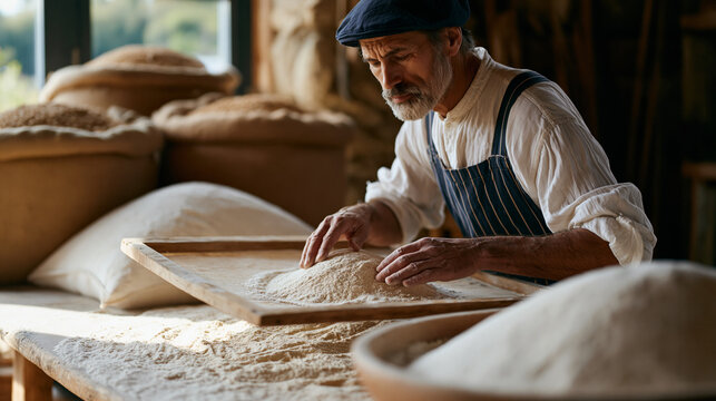 Artisan baker at a heritage grain mill sifts einkorn flour through a wooden-framed screen beside open sacks of ancient wheat varieties while afternoon light from a barn window