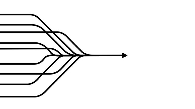 Abstract animation of multiple lines merging into one single arrow, conceptual motion graphics of unity, integration, teamwork, and success on a white background.