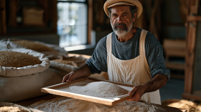 Artisan baker at a heritage grain mill sifts einkorn flour through a wooden-framed screen beside open sacks of ancient wheat varieties while afternoon light from a barn window