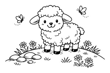 Obraz premium Lamb character standing on a small hill, surrounded by flowers and butterflies, creating a simple black and white line art coloring page
