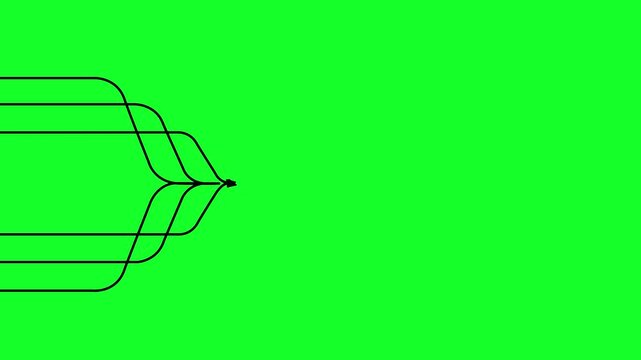 Animated Black Multiple Parallel Path Lines Moving Forward on Green Screen Background for Data Flow, Network Routing, and Workflow Visualization with Chroma Key.