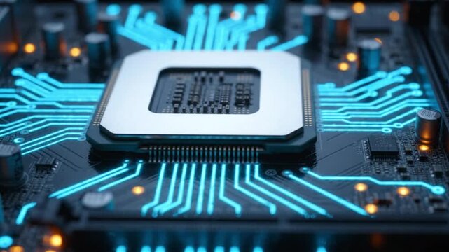Creative glowing chip circuit hologram AI background Big data advanced technology blue background. Circuit board. Ai Tech bg. Semiconductor or CPU processor. Artificial intelligence metaverse concept 