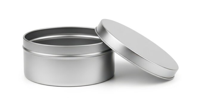 Empty silver tin container with lid open