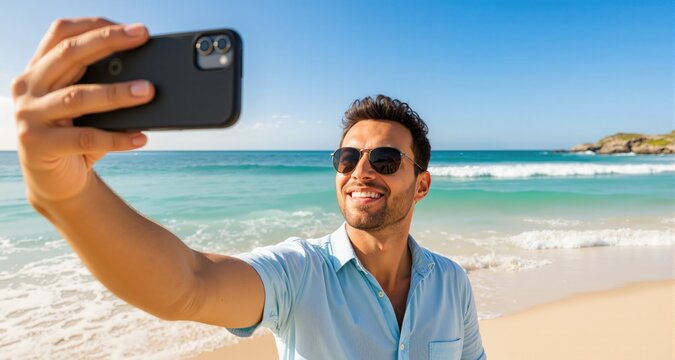 Man taking selfie picture at beach summer vacation
