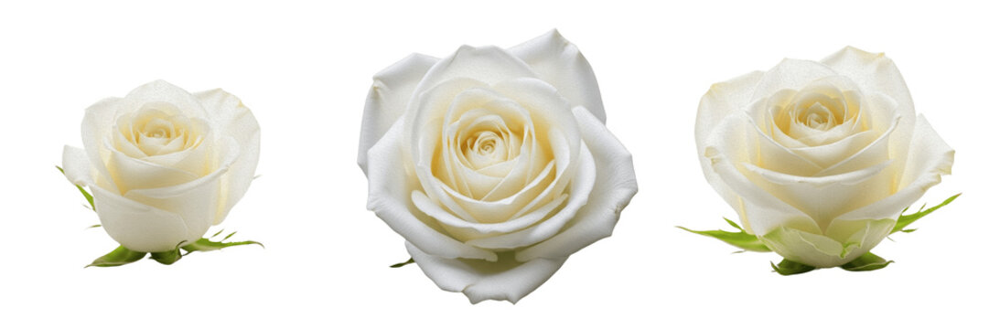 Set of Three Beautiful White Rose Flower Heads Isolated on White Background, High-Quality Floral PNG Clipart for Romantic Wedding Design, Elegant Botanical Elements for Graphic Projects, Realistic Spr