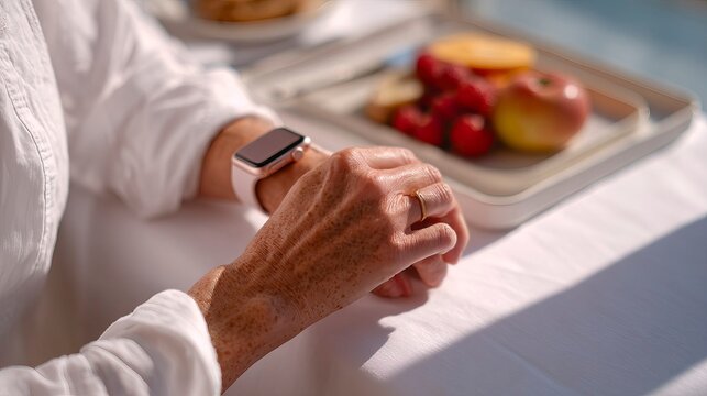 Elderly woman checking smartwatch while sitting at table with fruit  