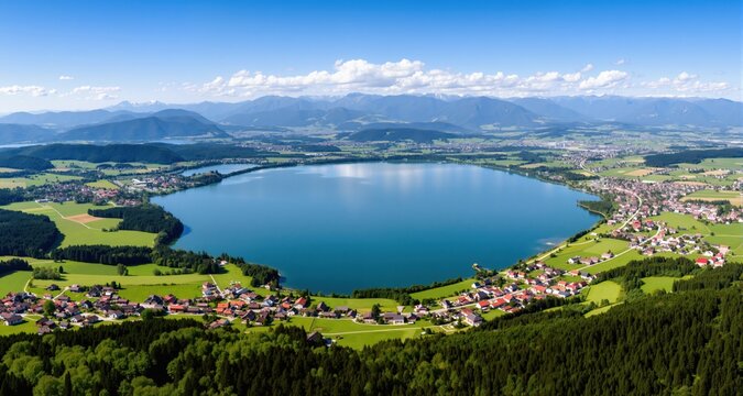 Austria, Upper Austria,Stockwinkl, Drone panorama of Lake Atter and surrounding landscape in summer
