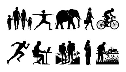 Obraz premium Silhouette collection of family, jumping athlete, elephant, walker, cyclist, runner, desk worker, crowd, gardener, and plant bed