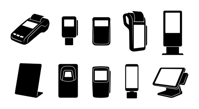Silhouette collection of portable payment terminals, card reader stands, mobile screens, receipt devices, and upright retail checkout units