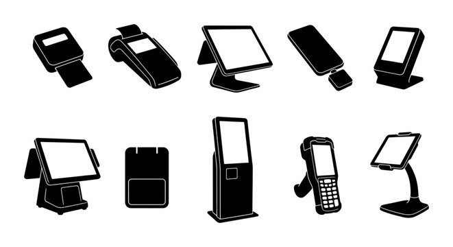 Silhouette collection of card readers, payment terminals, touchscreen kiosks, barcode readers, phone payment stands, and checkout devices