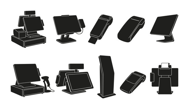 Silhouette collection of cash registers, payment screens, card readers, handheld scanners, tablet stands, and retail POS terminals