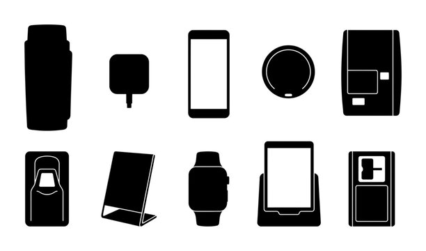 Silhouette collection of smart payment devices, tablet readers, round scanner, card terminals, smartwatch, and contactless checkout units