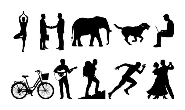Silhouette collection of yoga pose, handshake, elephant, dog, seated worker, bicycle, guitarist, photographer, runner, and dancing woman