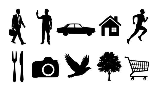 Silhouette collection of business walker, waving figure, car, house, runner, fork and knife, camera, bird, tree, and shopping cart