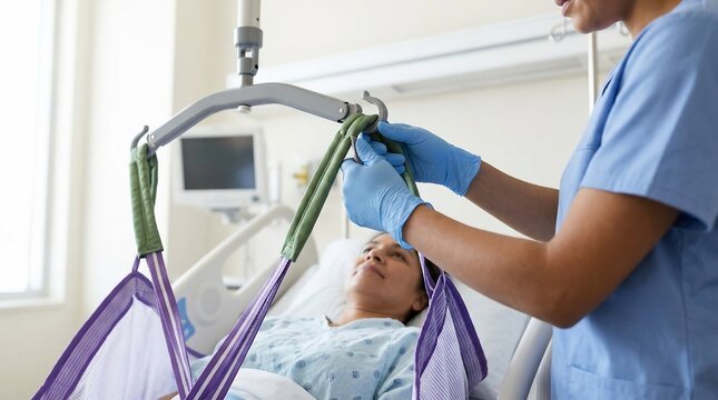A healthcare professional in blue scrubs and gloves adjusts a patient lift sling over a patient lying in a hospital bed, with medical equipment visible in the background.