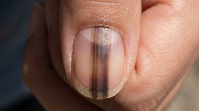 Close-up of a human fingernail with a vertical brown line, potentially indicating a medical condition or injury, captured in sharp detail.