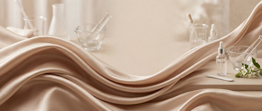 Soft silk fabric flows over a table filled with glass containers and tools used for skincare. The space has good light and a clean setup for beauty products and treatments