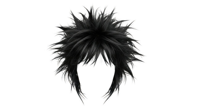 Spiky black and white hair wig with a layered, messy texture isolated on a solid black background, hair for digital portraits